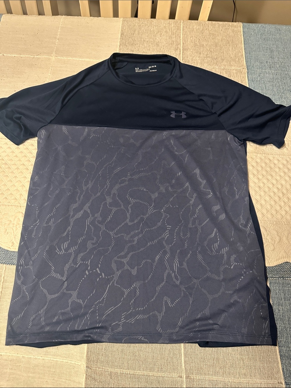 Under Armour Navy Two-Tone Short Sleeve Performance Tee with Subtle Pattern